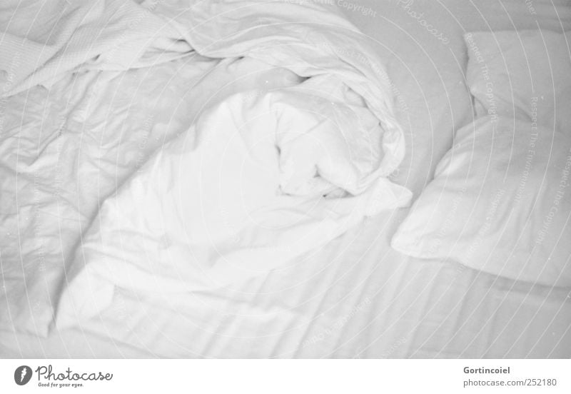 Bonjour! Flat (apartment) Bed Bedroom Bright White Sheet Duvet Pillow Bedclothes Sleep Wake up Morning Arise Black & white photo Interior shot High-key