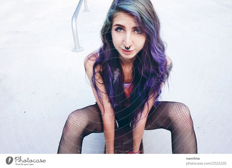 Alternative teen woman with purple hair Lifestyle Style Design Hair and hairstyles Wellness Leisure and hobbies Freedom Human being Feminine Young woman