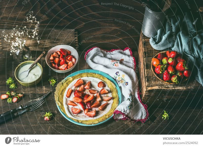 Pancakes with yoghurt and strawberries Food Fruit Dough Baked goods Dessert Nutrition Crockery Plate Bowl Spoon Style Design Crêpe Still Life Cooking Strawberry