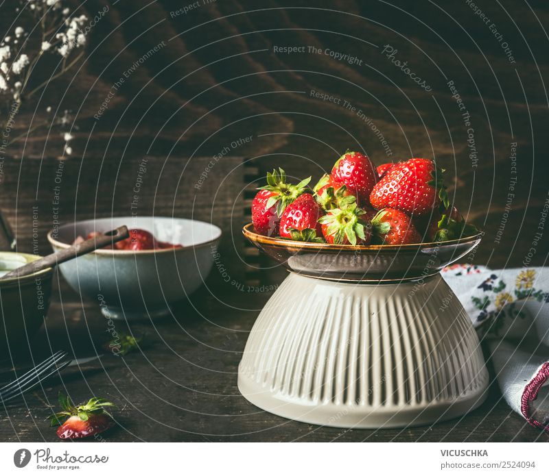 Bowl with strawberries on a rustic kitchen table Food Fruit Dessert Nutrition Breakfast Organic produce Crockery Style Design Healthy Healthy Eating Summer