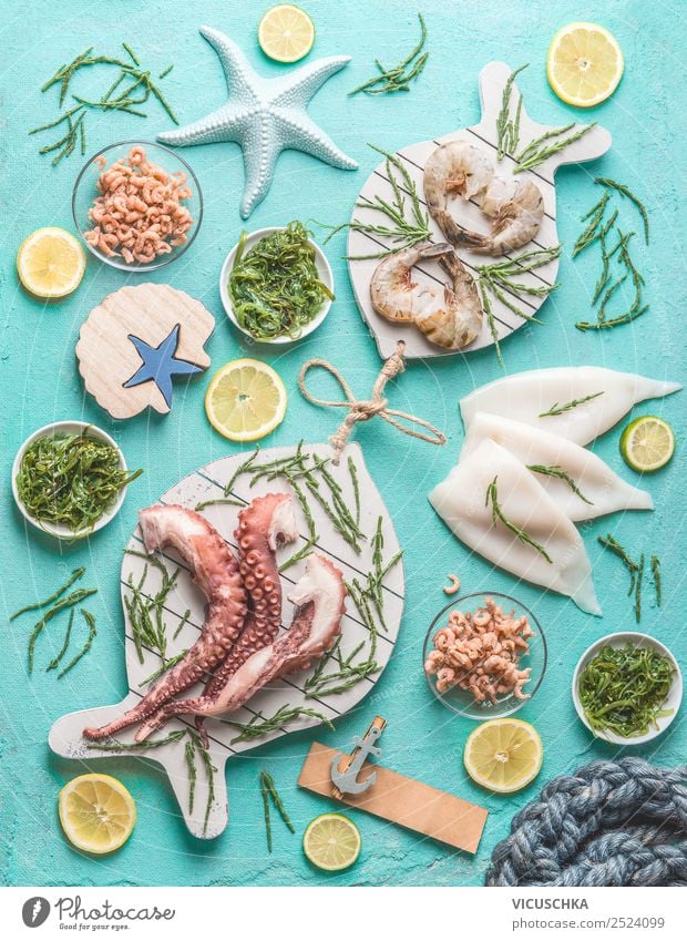 Seafood assortment Food Nutrition Lunch Crockery Shopping Style Design Healthy Eating Table Restaurant Shrimps Cooking Octopus North Sea crab Squid Algae