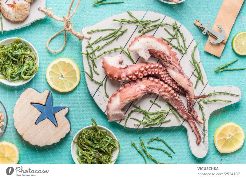 Octopus with algae and ingredients Food Seafood Nutrition Lunch Organic produce Vegetarian diet Diet Style Design Healthy Eating Table Restaurant Gourmet