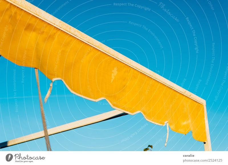 Yellow awning in summer Terrace Maritime Warmth Blue Sun blind Summer Summer vacation Yellow-orange Sky Sky blue Cloudless sky Spain Vacation destination