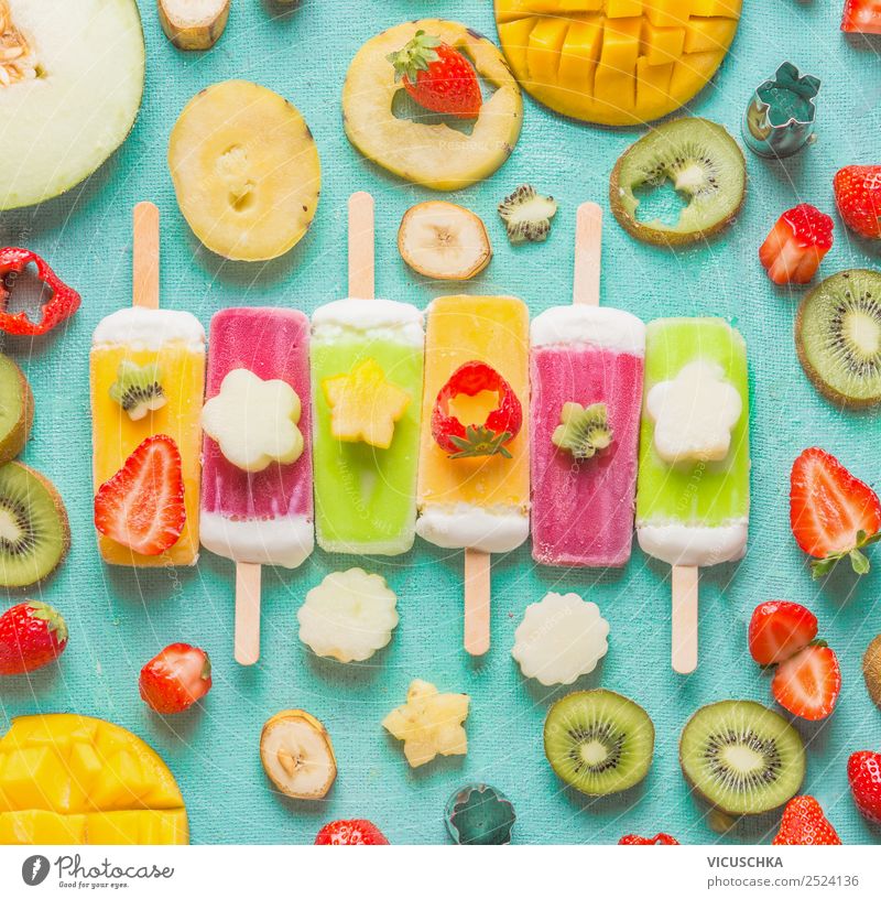 Colorful ice cream on a stick with fruit ingredients Food Fruit Ice cream Nutrition Organic produce Vegetarian diet Shopping Style Design Healthy Eating Summer