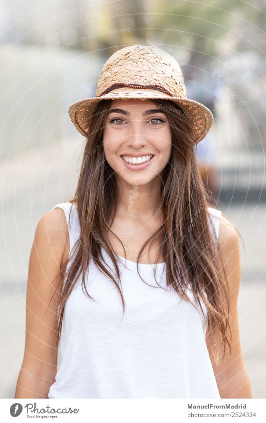 portrait young woman outdoors summer smiling Lifestyle Elegant Joy Happy Beautiful Face Summer Human being Woman Adults Fashion Dress Hat Brunette Smiling Stand