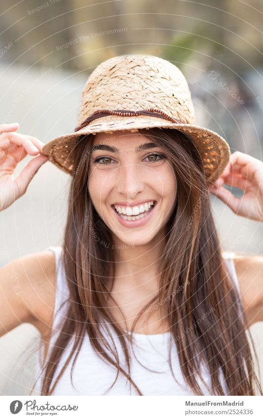 portrait young woman outdoors summer smiling Lifestyle Elegant Joy Happy Beautiful Face Summer Human being Woman Adults Fashion Dress Hat Brunette Smiling Stand
