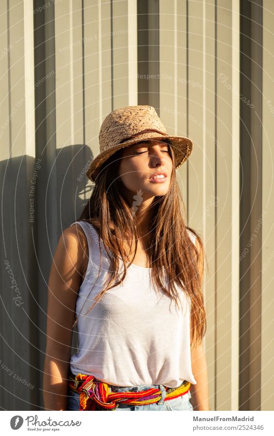 portrait young woman outdoors summer smiling Lifestyle Elegant Joy Happy Beautiful Face Relaxation Summer Sun Human being Woman Adults Fashion Dress Hat
