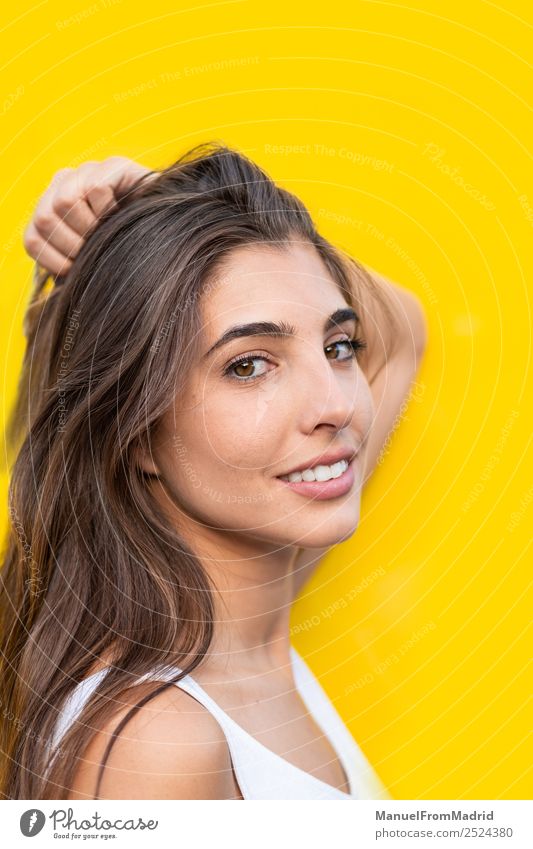 attractive young woman looking at camera Style Joy Happy Beautiful Summer Human being Woman Adults Fashion Smiling Stand Hip & trendy Modern Cute Yellow sensual