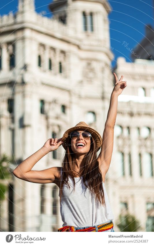 attractive young woman tourist having fun in Madrid city Lifestyle Beautiful Vacation & Travel Tourism Sightseeing Summer Woman Adults Town Downtown Sunglasses
