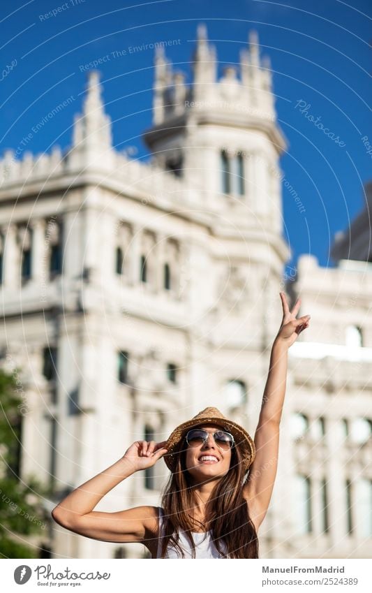 attractive young woman tourist having fun in Madrid city Lifestyle Beautiful Vacation & Travel Tourism Sightseeing Summer Woman Adults Town Downtown Sunglasses