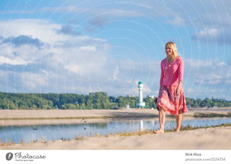 Woman wanders smilingly along Kiel's Baltic beach Style Vacation & Travel Tourism Far-off places Summer Summer vacation Beach Ocean Human being Feminine Adults