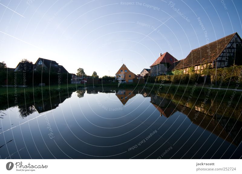 Franconian Carp Pond Water Cloudless sky Summer Beautiful weather Röttenbach Small Town House (Residential Structure) Barn Illuminate Esthetic natural
