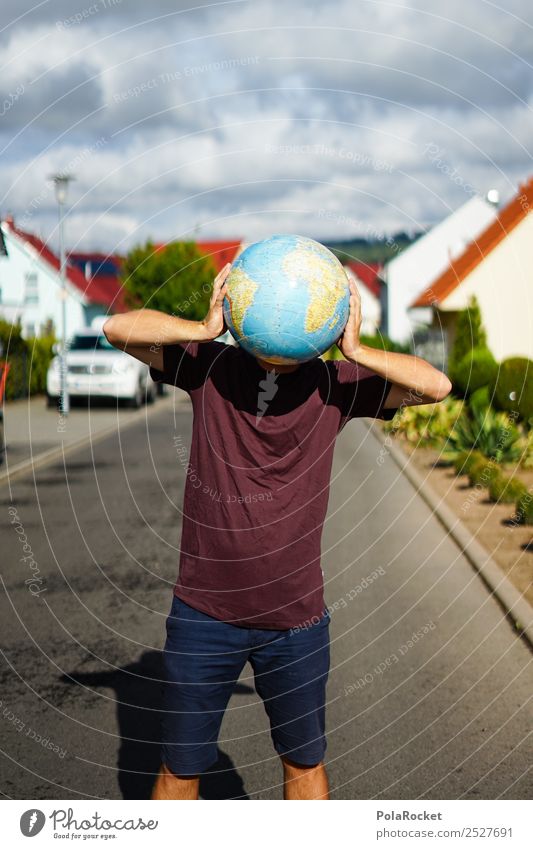 #S# World man Masculine Joy Happy Young man Creativity Globe Head Funny Sphere Round Street Settlement Esthetic Headache Climate change Climate protection Earth