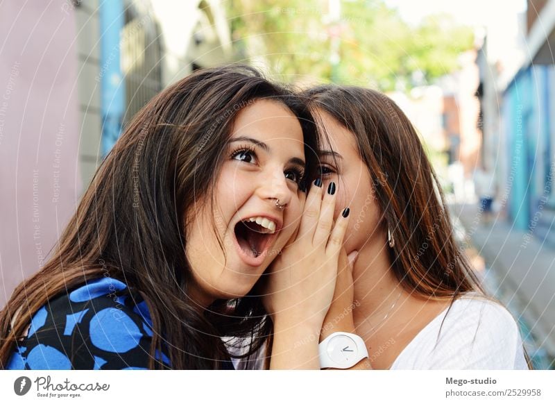 Two best friends shares secrets. Lifestyle Joy Happy Beautiful Face Summer To talk Woman Adults Friendship Mouth Listening Smiling Together Funny Cute Surprise