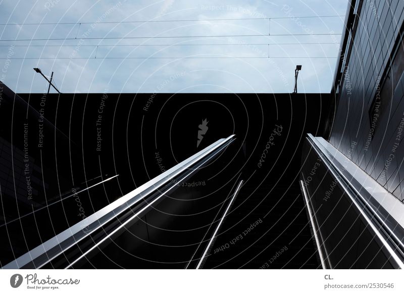 escalator Sky Beautiful weather Town Downtown Deserted Building Architecture Wall (barrier) Wall (building) Stairs Escalator Dark Blue Black Movement