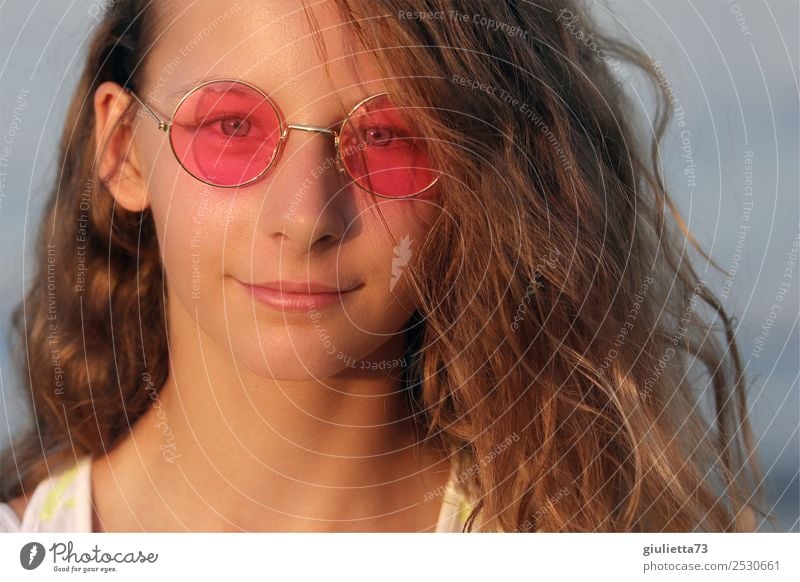My world is pink teenage girl with pink glasses Girl Young woman Youth (Young adults) Life 1 Human being 13 - 18 years Summer Beautiful weather Eyeglasses