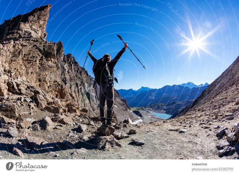 Hiker reaches a high mountain pass Vacation & Travel Adventure Expedition Summer Sun Mountain Hiking Sports Success Man Adults Nature Landscape Sky Alps Peak