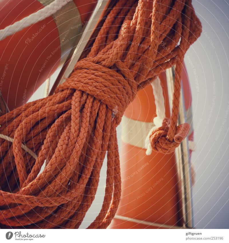 safe is safe Navigation Boating trip Passenger ship Safety Logistics Rescue Life belt Rope Knot Watercraft Risk Dangerous Orange boat accessories Colour photo