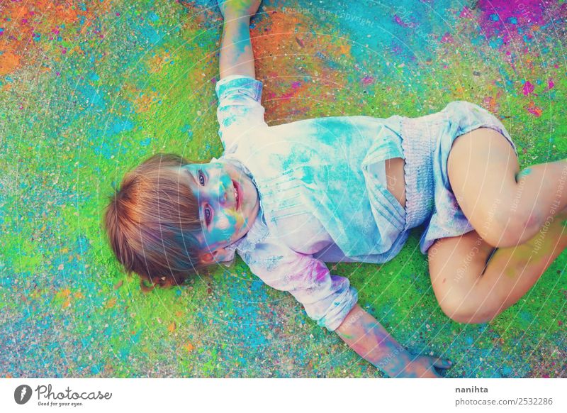 Little girl surrounded by colors Lifestyle Design Exotic Joy Leisure and hobbies Children's game Human being Feminine Toddler Girl Infancy 1 1 - 3 years Art