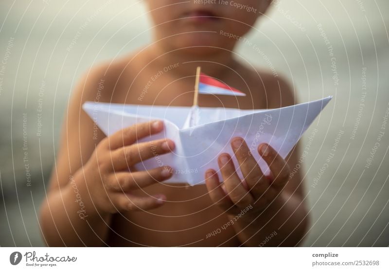 Little child with paper boat Joy Wellness Relaxation Playing Vacation & Travel Freedom Cruise Summer Summer vacation Beach Ocean Island Waves Swimming & Bathing
