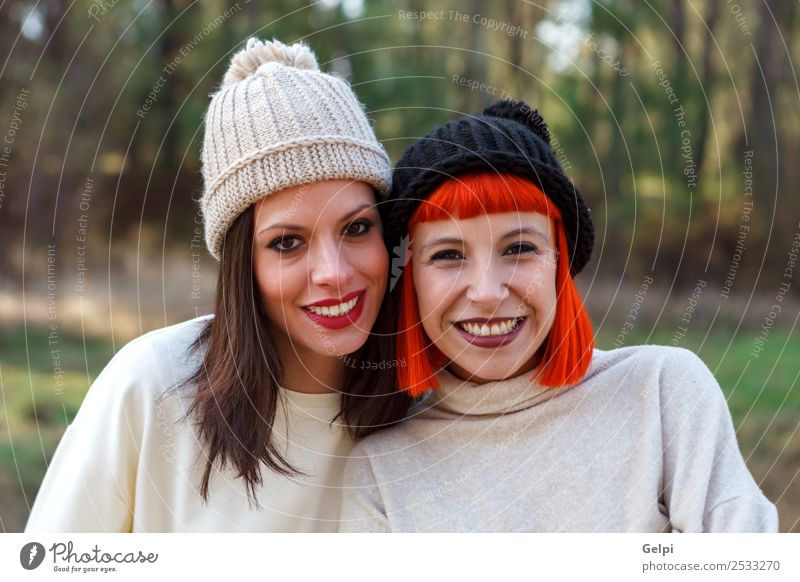 Beautiful friends in the forest in a winter day Lifestyle Style Joy Happy Winter Woman Adults Family & Relations Friendship Nature Fashion Brunette Smiling
