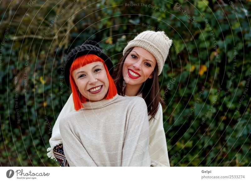 Beautiful friends in the forest in a winter day Lifestyle Style Joy Happy Winter Woman Adults Family & Relations Friendship Nature Fashion Brunette Smiling