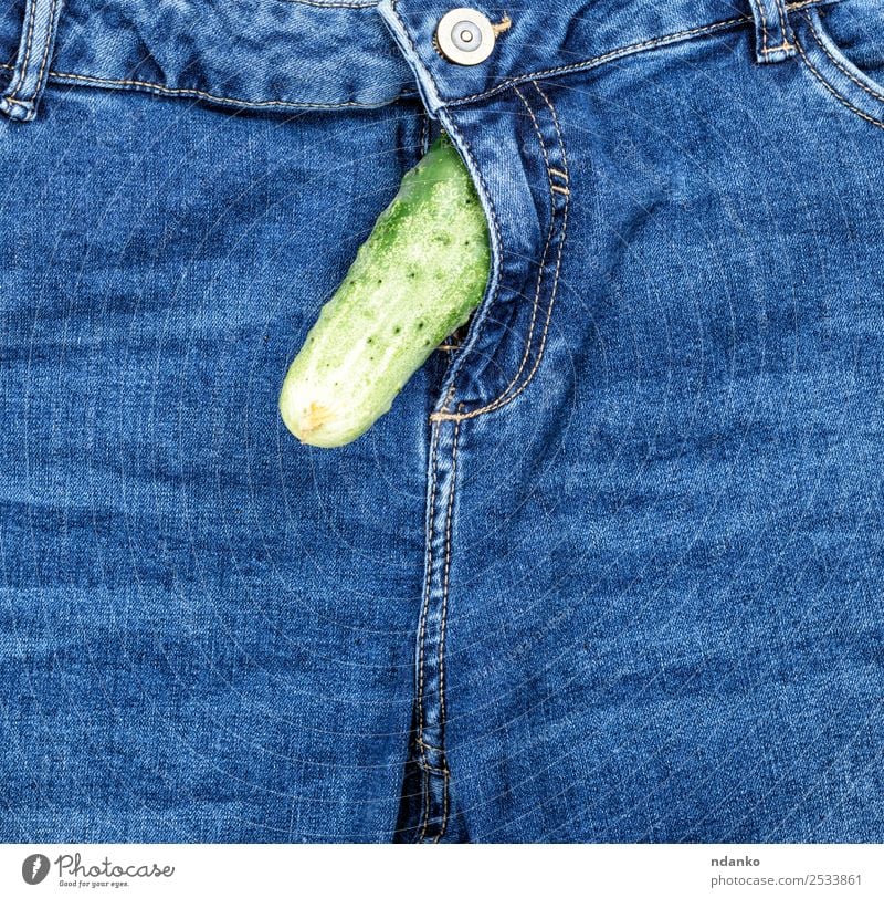 cucumber sticks out of the blue jeans Vegetable Joy Pants Jeans Cloth Blue Green Sex Idea Fashion Sexuality background Beauty Photography Symbols and metaphors