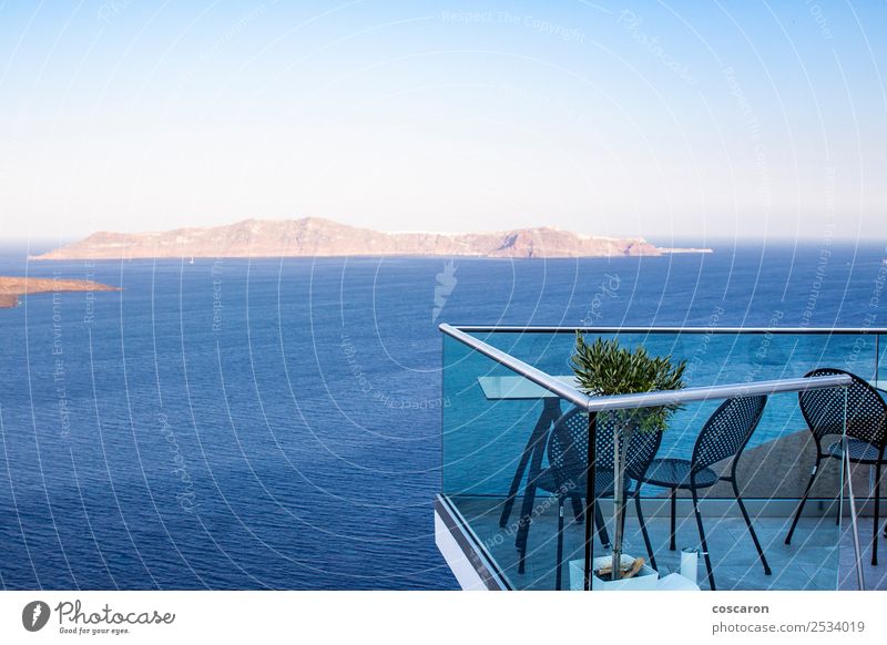 Luxurious terrace overlooking the volcano in Santorini, Greece Beautiful Vacation & Travel Tourism Cruise Summer Beach Ocean Island