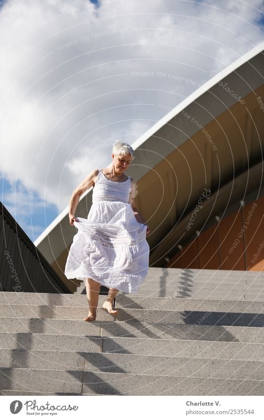 vibrant Human being Feminine Woman Adults Female senior Life 1 45 - 60 years Clouds Summer Beautiful weather Berlin Manmade structures Architecture Stairs Roof