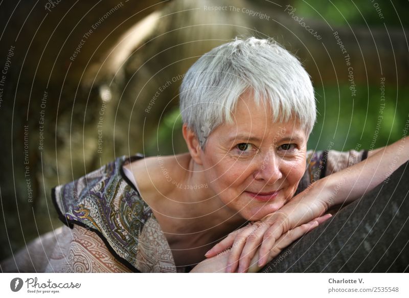 Relaxed Human being Feminine Woman Adults Female senior 1 45 - 60 years Tree Park Gray-haired Short-haired Wood Smiling Illuminate Lie Looking Authentic Near