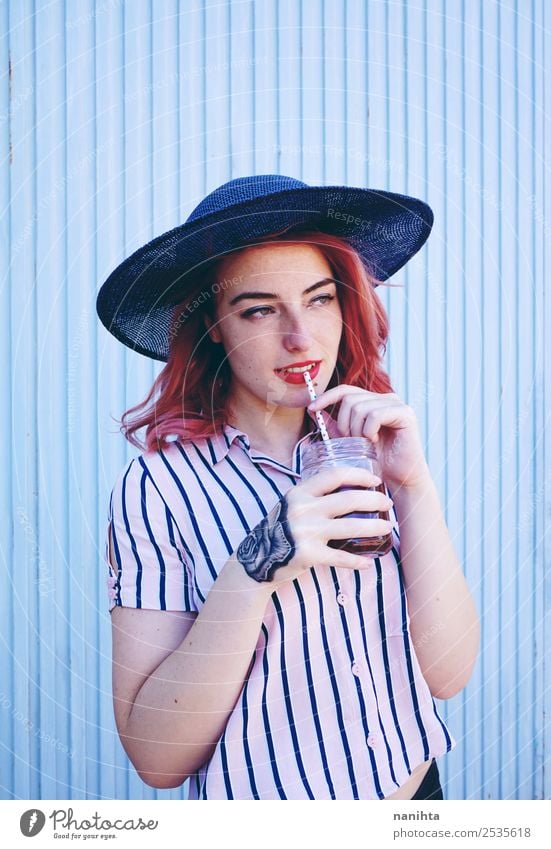 Woman with vintage style drinking a beverage Beverage Drinking Cold drink Juice Tea Lifestyle Elegant Style Beautiful Summer Summer vacation Human being