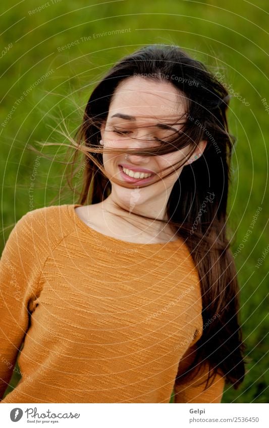 Outdoor portrait of beautiful happy teenager girl Happy Beautiful Face Sun Human being Woman Adults Youth (Young adults) Nature Wind Grass Park Meadow Fashion