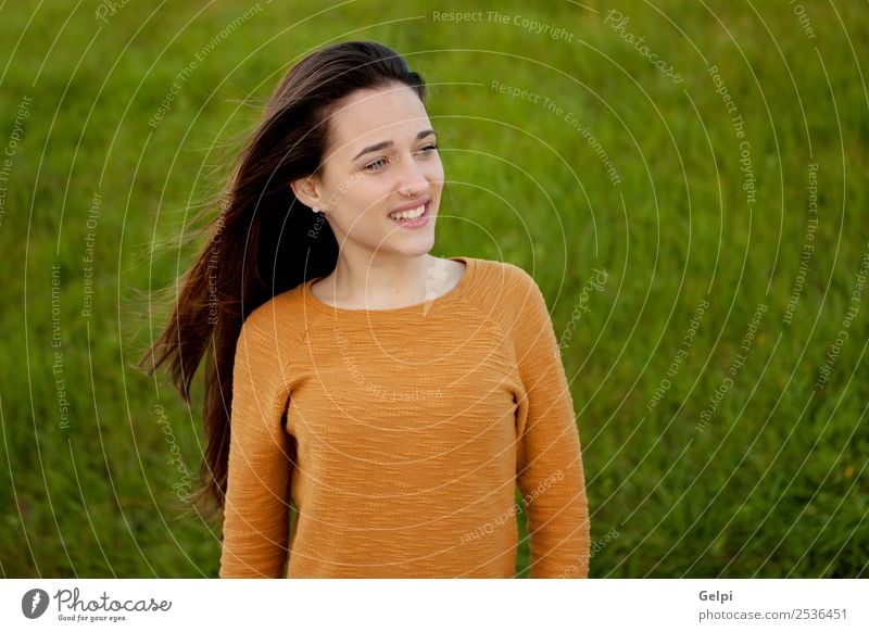 Outdoor portrait of beautiful happy teenager girl Happy Beautiful Sun Human being Woman Adults Youth (Young adults) Nature Wind Grass Park Meadow Fashion