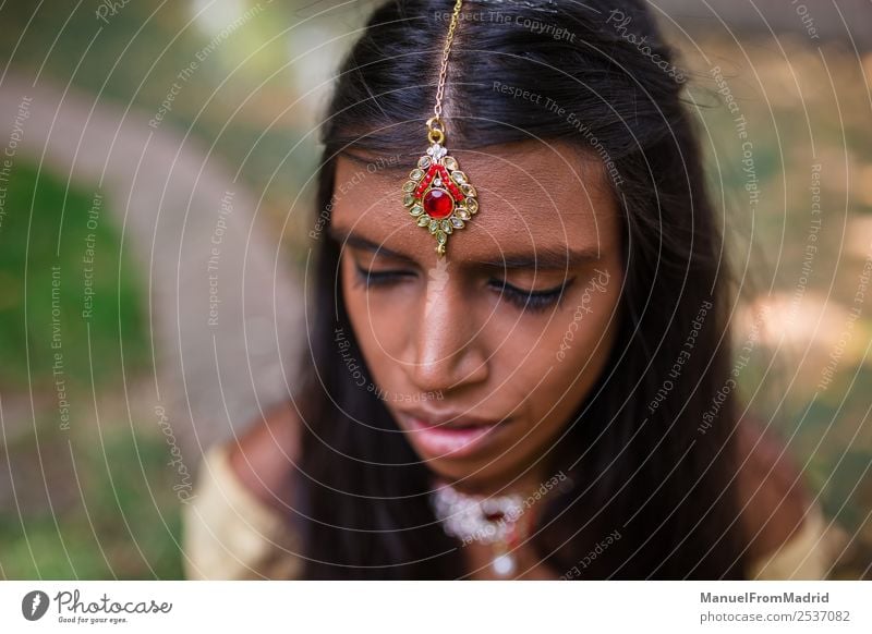 traditional indian woman portrait Beautiful Relaxation Calm Woman Adults Nature Park Fashion Clothing Dress Jewellery Gold Green Tradition Indian tikka young