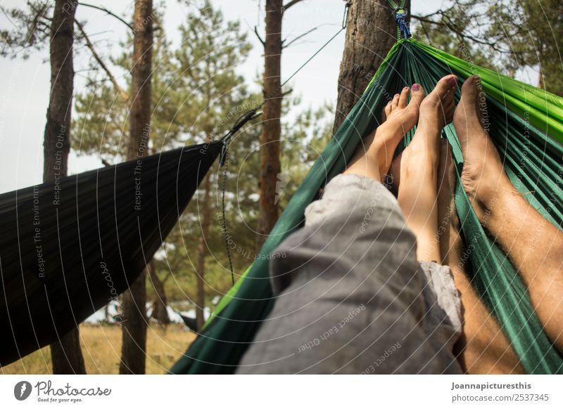 hammock Relaxation Calm Vacation & Travel Trip Camping Human being Masculine Feminine Couple Partner Legs Feet 2 Nature Tree Forest To enjoy Hang To swing