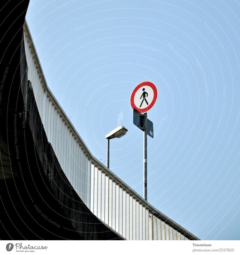 Just fly upstairs, please! Town Transport Traffic infrastructure Pedestrian Street Road sign Blue Red Black White Handrail Metal Street lighting Concrete Line