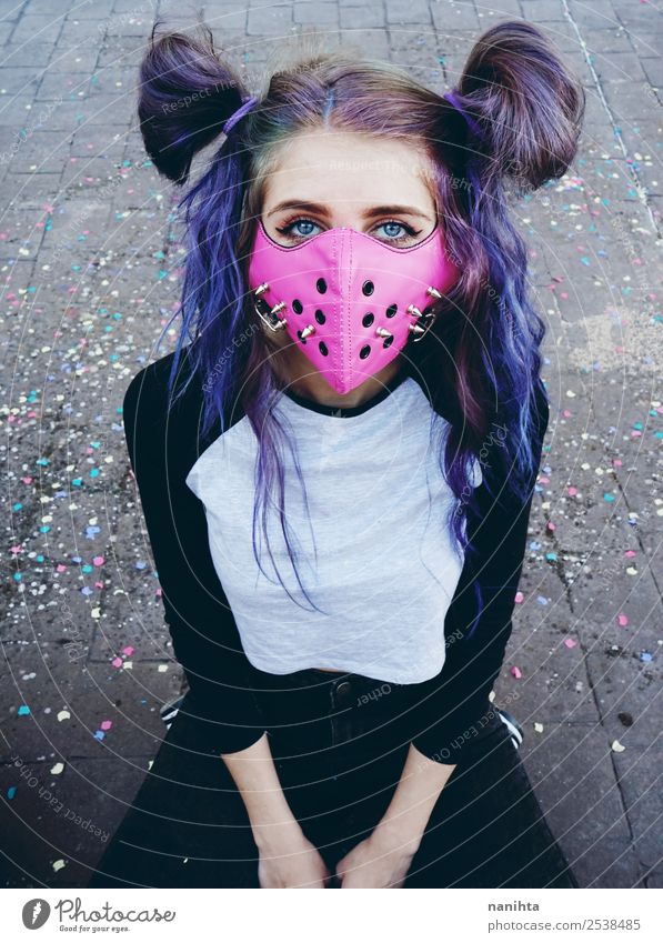 Punk young woman with a pink mask Lifestyle Style Design Exotic Hair and hairstyles Human being Feminine Young woman Youth (Young adults) Woman Adults 1