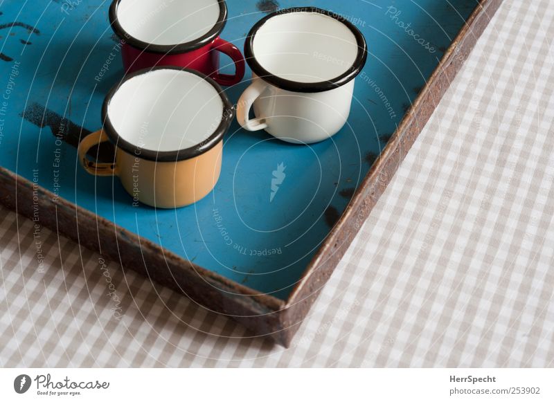 cup tray Cup Metal Multicoloured Tray Empty Checkered Crockery Colour photo Interior shot Bird's-eye view Tablecloth
