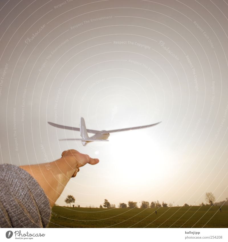 learning to fly Human being Masculine Arm Hand Fingers Environment Nature Landscape Air Meadow Flying Airplane Sailplane Horizon Airplane takeoff Independence