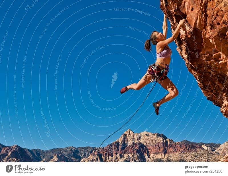 Rock climber on the edge. Life Adventure Sports Climbing Mountaineering Success Rope Young woman Youth (Young adults) 1 Human being 18 - 30 years Adults Hang