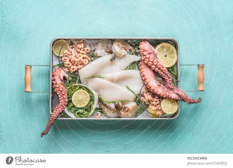 Various seafood in tray Food Seafood Nutrition Lunch Vegetarian diet Diet Crockery Style Design Healthy Eating Table Restaurant Octopus Shrimps