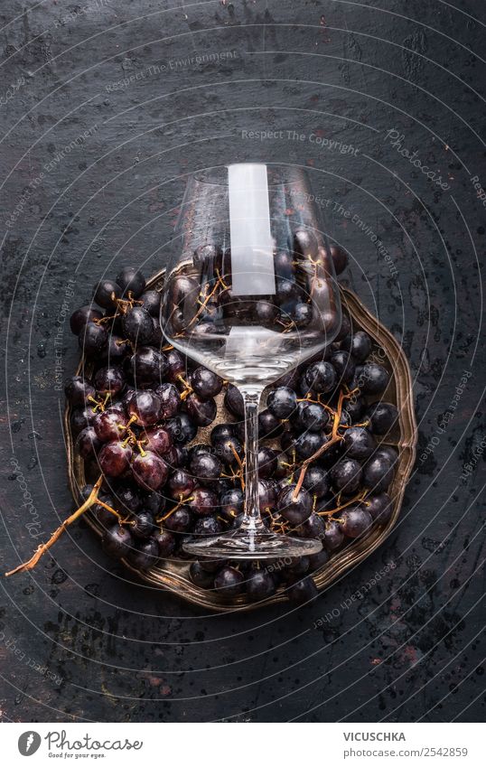Grapes and wine glass Food Wine Shopping Style Design Table Restaurant Vintage Bunch of grapes Wine glass Dark Still Life Colour photo Studio shot