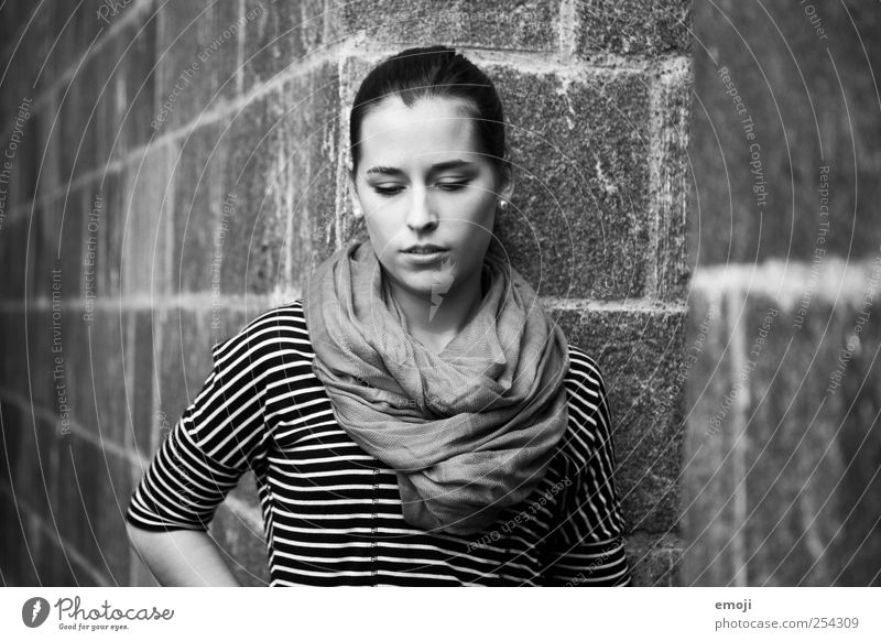 grey tones Feminine Young woman Youth (Young adults) 1 Human being 18 - 30 years Adults Beautiful Meditative Black & white photo Exterior shot Copy Space left