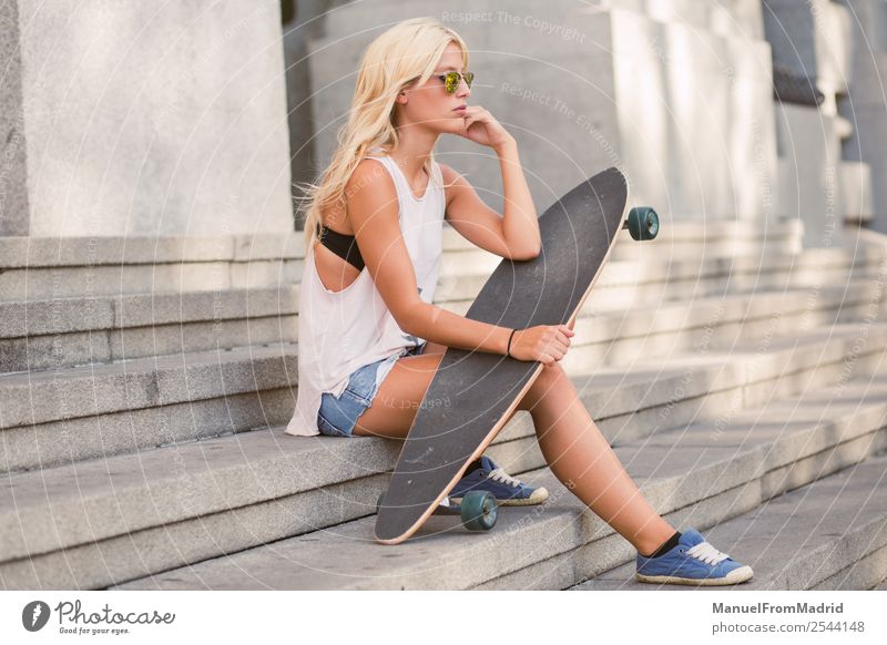 female skater portrait Lifestyle Style Beautiful Summer Woman Adults Street Fashion Sunglasses Blonde Think Sit Cool (slang) Hip & trendy young casual