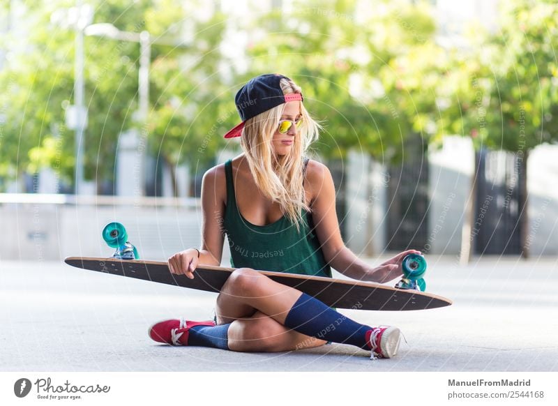 female skater portrait Lifestyle Style Joy Beautiful Summer Woman Adults Street Fashion Sunglasses Blonde Sit Cool (slang) Hip & trendy young casual Skateboard