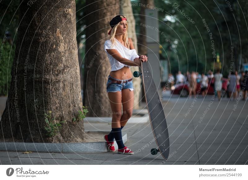 young female skater Lifestyle Style Beautiful Summer Woman Adults Street Fashion Blonde Think Stand Cool (slang) Hip & trendy casual Skateboard longboard urban