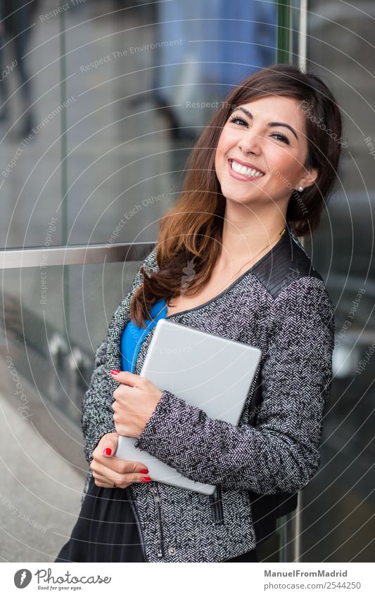 cheerful businesswoman portrait Happy Beautiful Office Business Computer Technology Woman Adults Building Smiling Stand Modern Businesswoman using