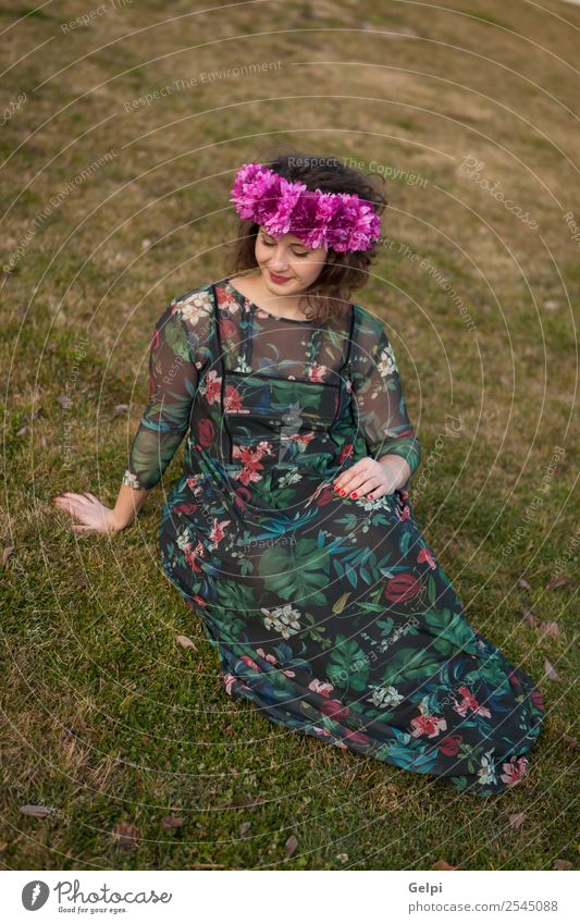 Beautiful curvy girl Lifestyle Happy Hair and hairstyles Make-up Human being Woman Adults Nature Landscape Flower Grass Street Fashion Dress Smiling Sit