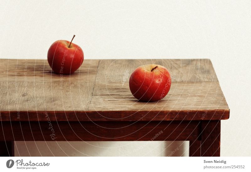 two harmony Food Apple Nutrition Vegetarian diet Wood Brown Yellow Red White Serene Desk 2 Consistency Colour photo Interior shot Deserted Copy Space top