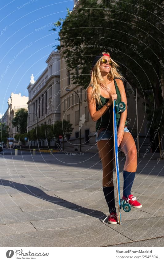 young skater woman in the street Lifestyle Style Beautiful Summer Woman Adults Street Fashion Blonde Smiling Stand Cool (slang) Hip & trendy casual Skateboard